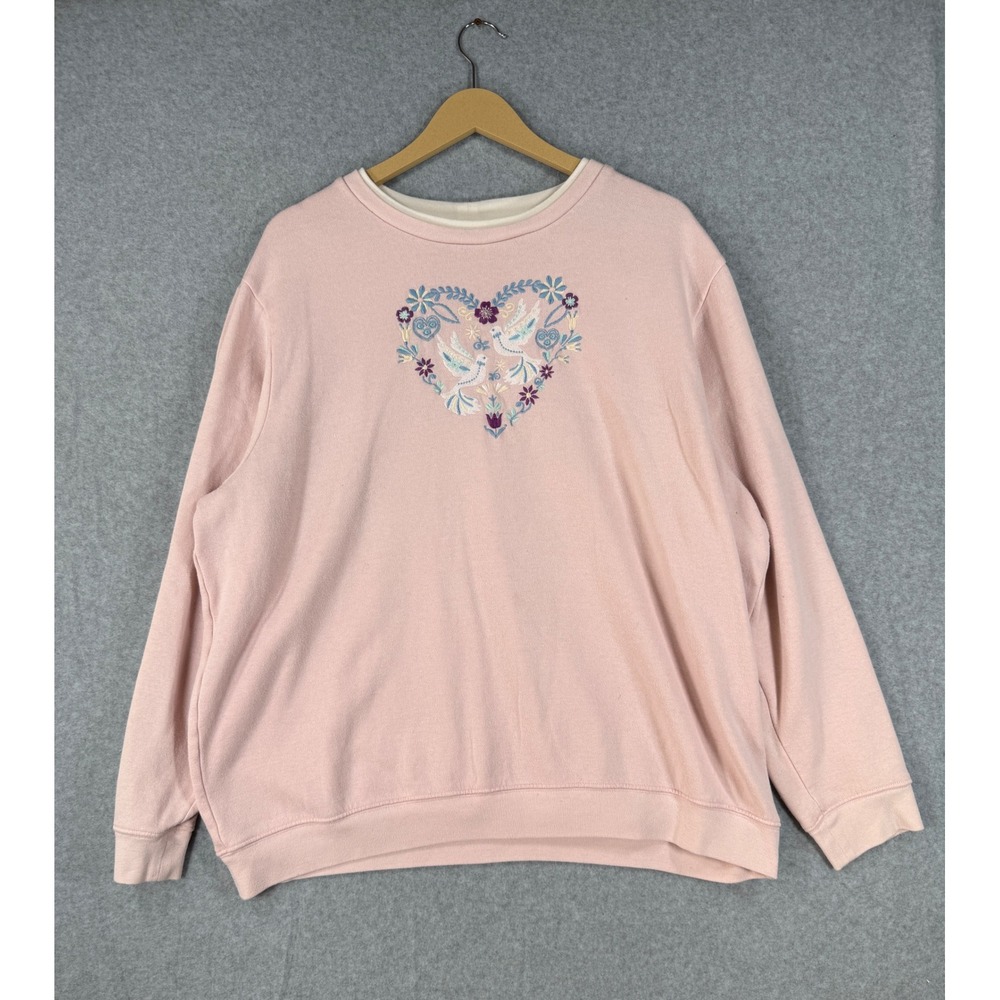 Blair 2XL Sweatshirt Cottagecore Pink Cotton Blend Embroidered Heart Doves